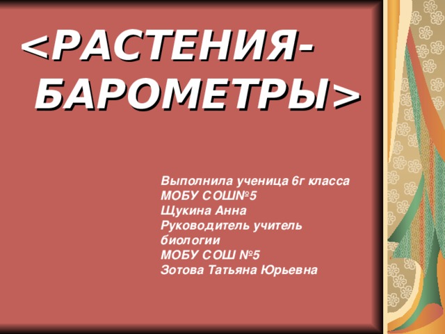  Выполнила ученица 6г класса МОБУ СОШ№5 Щукина Анна Руководитель учитель биологии МОБУ СОШ №5 Зотова Татьяна Юрьевна  