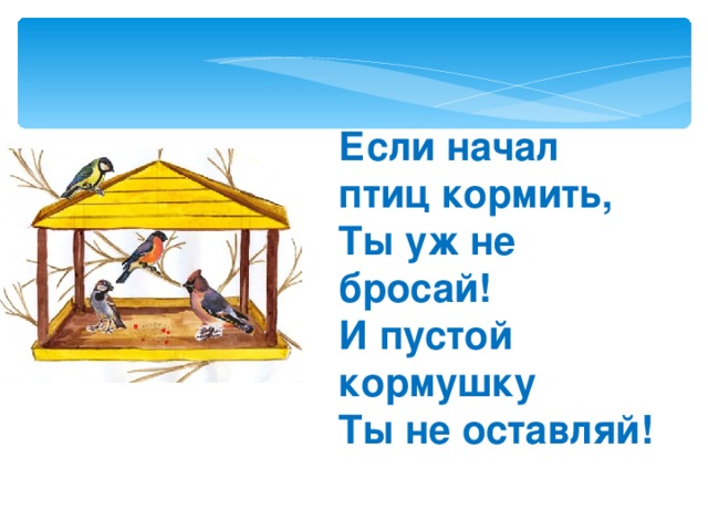 Если начал птиц кормить, Ты уж не бросай! И пустой кормушку Ты не оставляй! 