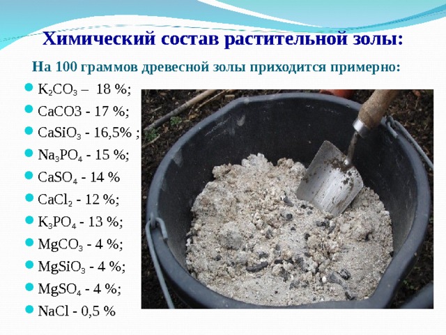 Химический состав растительной золы:  На 100 граммов древесной золы приходится примерно: K 2 C О 3  –  18 %; CaCO3 - 17 %; CaSiO 3  - 16,5% ; Na 3 PO 4  - 15 %; CaSO 4  - 14 % CaCl 2  - 12 %; K 3 PO 4  - 13 %; MgCO 3  - 4 %; MgSiO 3  - 4 %;  MgSO 4  - 4 %; NaCl - 0,5 % 