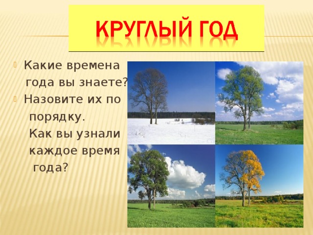 Какие времена  года вы знаете? Назовите их по  порядку.  Как вы узнали  каждое время  года?   