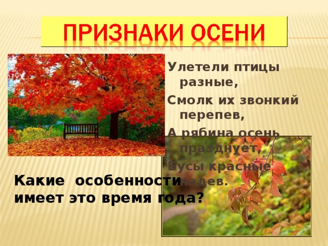 Улетели птицы разные, Смолк их звонкий перепев, А рябина осень празднует, Бусы красные надев. Какие особенности имеет это время года? 