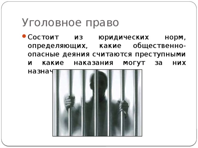 Уголовное право Состоит из юридических норм, определяющих, какие общественно-опасные деяния считаются преступными и какие наказания могут за них назначаться 
