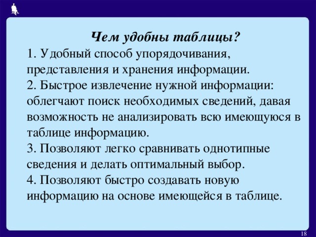 Чем удобны таблицы? 1. Удобный способ упорядочивания, представления и хранения  информации. 2. Быстрое извлечение нужной информации: облегчают поиск необходимых сведений, давая возможность не анализировать всю имеющуюся в таблице информацию. 3. Позволяют легко сравнивать однотипные сведения и делать оптимальный выбор. 4. Позволяют быстро создавать новую информацию на основе  имеющейся в  таблице.