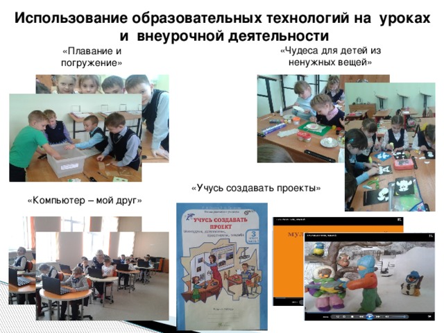 Использование образовательных технологий на уроках и внеурочной деятельности «Чудеса для детей из ненужных вещей» «Плавание и погружение» «Учусь создавать проекты» «Компьютер – мой друг» 