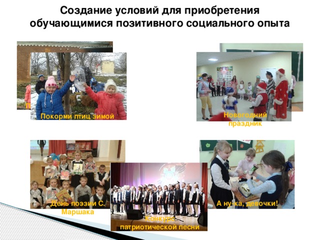 Создание условий для приобретения обучающимися позитивного социального опыта Наши работы Покорми птиц зимой Новогодний праздник Покорми птиц зимой День поэзии С. Маршака А ну-ка, девочки! Конкурс патриотической песни 