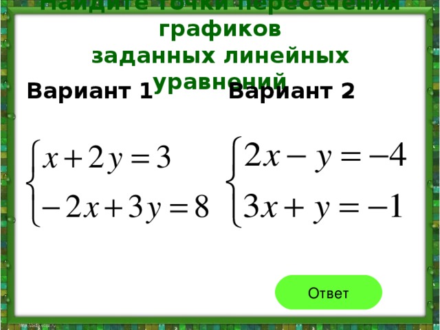 Найдите точки пересечения графиков  заданных линейных уравнений Вариант 1 Вариант 2 Ответ