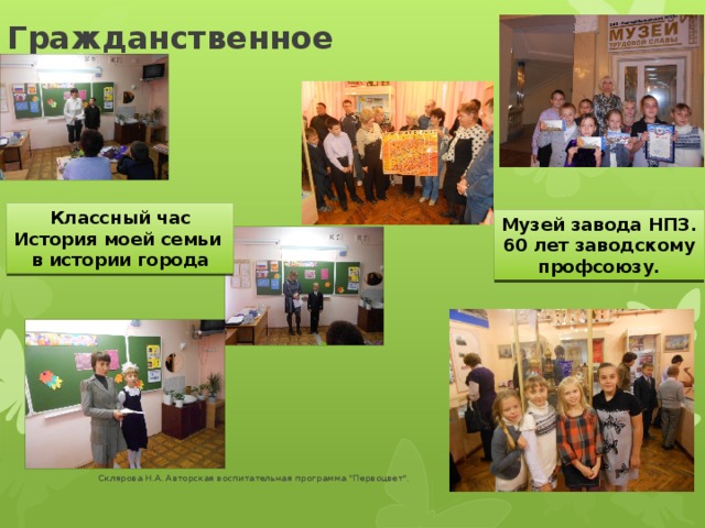 Гражданственное Классный час История моей семьи в истории города Музей завода НПЗ. 60 лет заводскому профсоюзу. Склярова Н.А. Авторская воспитательная программа 