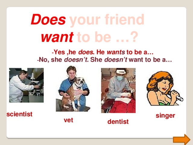 Does your friend want to be …? - Yes ,he does . He want s to be a… - No, she doesn’t. She doesn’t want to be a… scientist singer vet dentist 