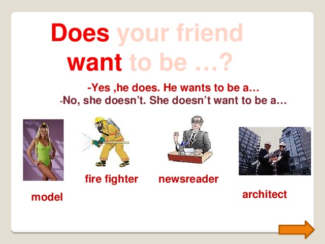 Does your friend want to be …? -Yes ,he does. He wants to be a… - No, she doesn’t. She doesn’t want to be a… fire fighter newsreader architect model 