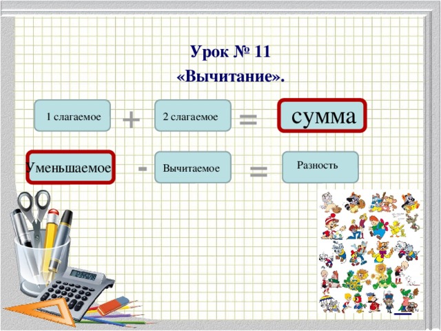 План конспект уменьшаемое вычитаемое разность 1 класс