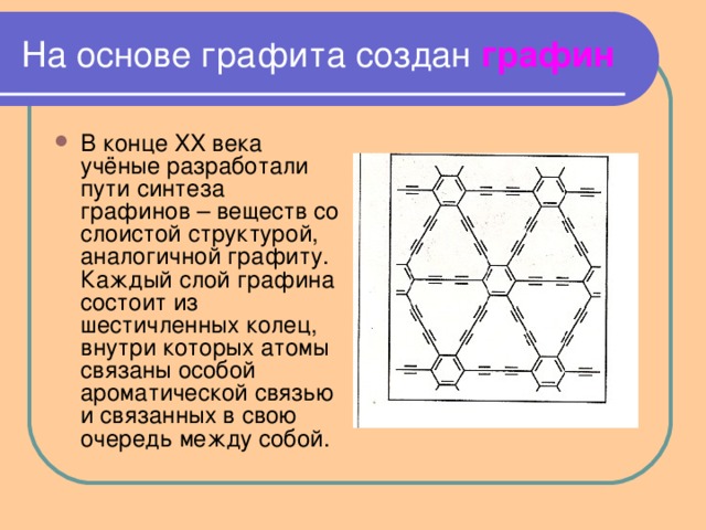На основе графита создан графин В конце XX века учёные разработали пути синтеза графинов – веществ со слоистой структурой, аналогичной графиту. Каждый слой графина состоит из шестичленных колец, внутри которых атомы связаны особой ароматической связью и связанных в свою очередь между собой. 