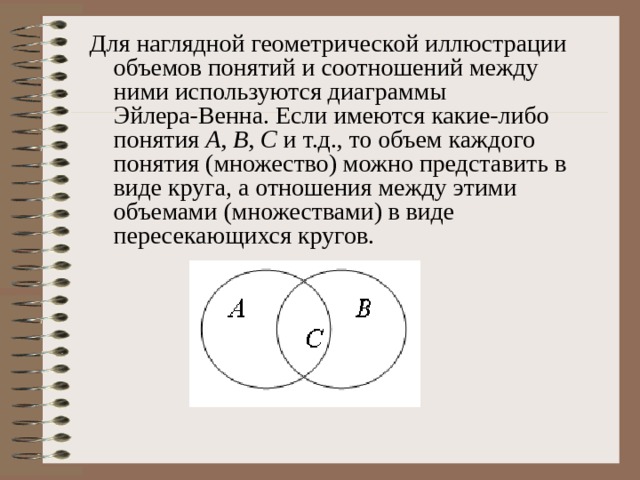 Для наглядной геометрической иллюстрации объемов понятий и соотношений между ними используются диаграммы Эйлера-Венна. Если имеются какие-либо понятия A , B , C  и т.д., то объем каждого понятия (множество) можно представить в виде круга, а отношения между этими объемами (множествами) в виде пересекающихся кругов. 