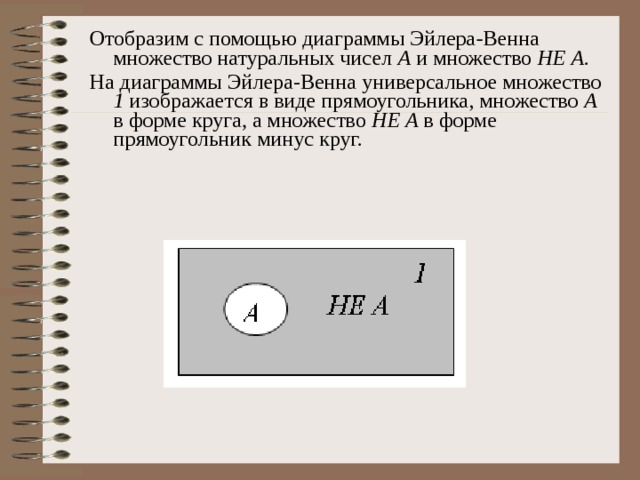 Отобразим с помощью диаграммы Эйлера-Венна множество натуральных чисел А и множество НЕ А . На диаграммы Эйлера-Венна универсальное множество 1 изображается в виде прямоугольника, множество А в форме круга, а множество НЕ А в форме прямоугольник минус круг. 
