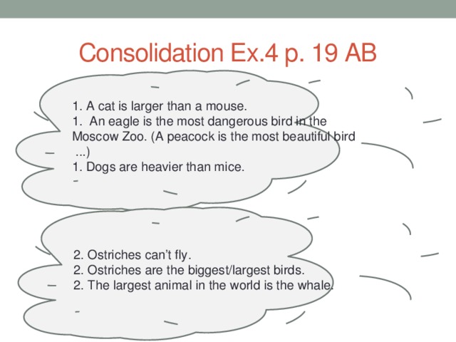 Consolidation Ex.4 p. 19 AB 1. A cat is larger than a mouse. 1. An eagle is the most dangerous bird in the Moscow Zoo. (A peacock is the most beautiful bird ...) 1. Dogs are heavier than mice. 2. Ostriches can’t fly. 2. Ostriches are the biggest/largest birds. 2. The largest animal in the world is the whale. 