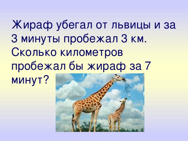 Жираф убегал от львицы и за 3 минуты пробежал 3 км. Сколько километров пробежал бы жираф за 7 минут? 