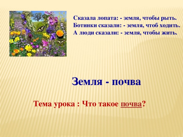 Сказала лопата: - земля, чтобы рыть. Ботинки сказали: - земля, чтоб ходить. А люди сказали: - земля, чтобы жить. Земля - почва Тема урока : Что такое почва ? 