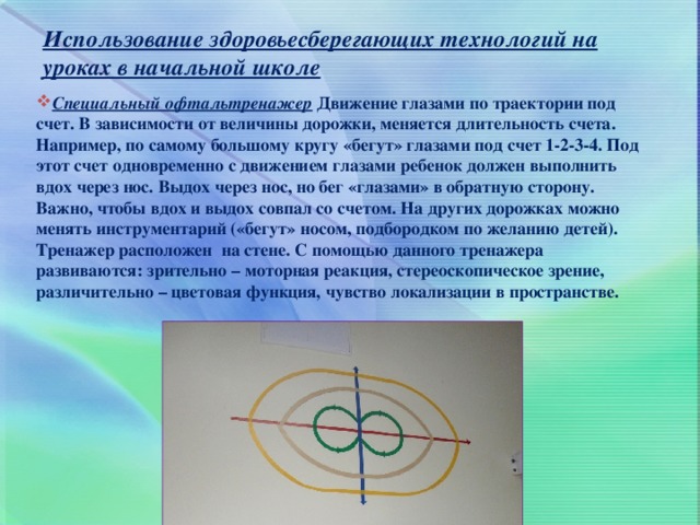 Использование здоровьесберегающих технологий на уроках в начальной школе Специальный офтальтренажер  Движение глазами по траектории под счет. В зависимости от величины дорожки, меняется длительность счета. Например, по самому большому кругу «бегут» глазами под счет 1-2-3-4. Под этот счет одновременно с движением глазами ребенок должен выполнить вдох через нос. Выдох через нос, но бег «глазами» в обратную сторону. Важно, чтобы вдох и выдох совпал со счетом. На других дорожках можно менять инструментарий («бегут» носом, подбородком по желанию детей). Тренажер расположен на стене. С помощью данного тренажера развиваются: зрительно – моторная реакция, стереоскопическое зрение, различительно – цветовая функция, чувство локализации в пространстве. 