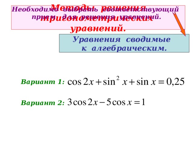 Необходимо выбрать соответствующий прием для решения уравнений. Методы решения  тригонометрических уравнений. Уравнения сводимые к алгебраическим. Вариант 1: Вариант 2: 