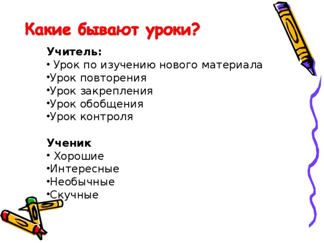 Учитель:  Урок по изучению нового материала Урок повторения Урок закрепления Урок обобщения Урок контроля  Ученик  Хорошие Интересные Необычные Скучные 