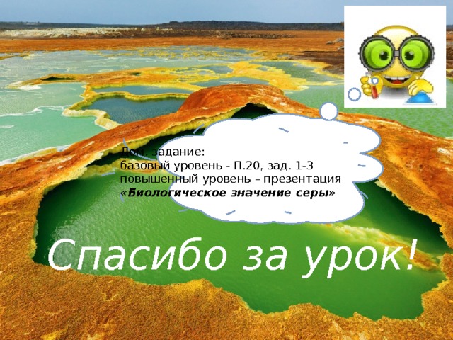 Изучив новое я … Знаю о сере и её свойствах много (мало)  Хочу (не хочу) узнать больше  Умею различать …  Умею составлять …  Самым интересным на уроке для меня было…   Мои эмоции на уроке были…   После урока я …  Дом. задание: базовый уровень - П.20, зад. 1-3 повышенный уровень – презентация « Биологическое значение серы» Спасибо  за урок! 