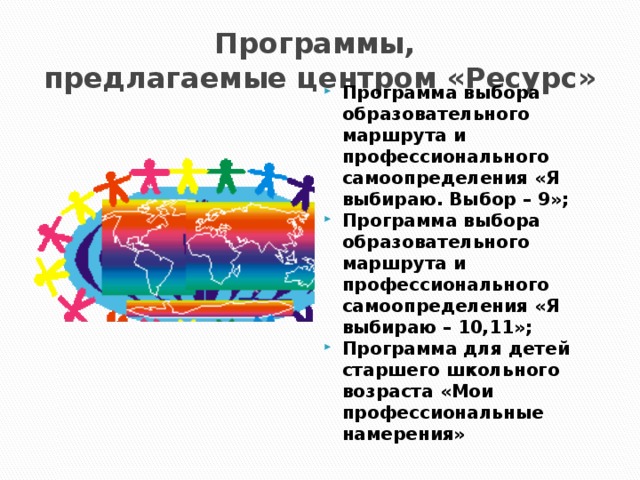 Программы,  предлагаемые центром «Ресурс»  Программа выбора образовательного маршрута и профессионального самоопределения «Я выбираю. Выбор – 9»; Программа выбора образовательного маршрута и профессионального самоопределения «Я выбираю – 10,11»; Программа для детей старшего школьного возраста «Мои профессиональные намерения» 