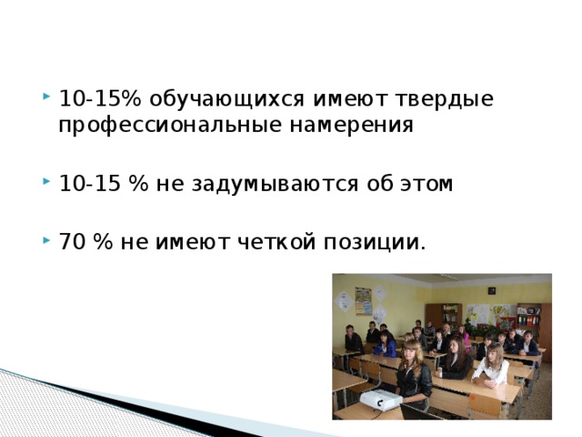 10-15% обучающихся имеют твердые профессиональные намерения 10-15 % не задумываются об этом 70 % не имеют четкой позиции. 