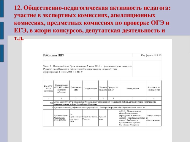 12. Общественно-педагогическая активность педагога: участие в экспертных комиссиях, апелляционных комиссиях, предметных комиссиях по проверке ОГЭ и ЕГЭ, в жюри конкурсов, депутатская деятельность и т.д. 