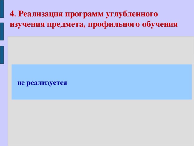 4. Реализация программ углубленного изучения предмета, профильного обучения   не реализуется 