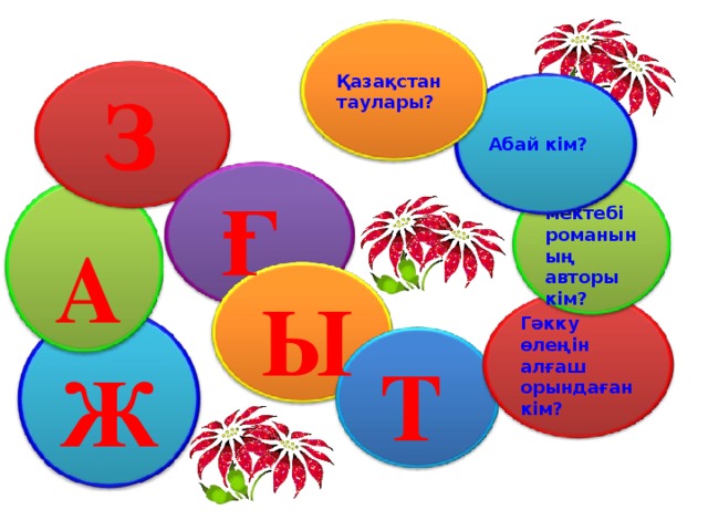 Қазақстан таулары? З Абай кім? Ғ Өмір мектебі романының авторы кім? А Ы  Гәкку өлеңін алғаш орындаған кім? Т Ж  