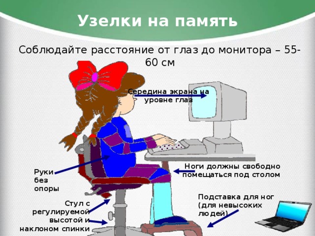 Узелки на память Соблюдайте расстояние от глаз до монитора – 55-60 см Середина экрана на уровне глаз Ноги должны свободно помещаться под столом Руки без опоры Подставка для ног (для невысоких людей) Стул с регулируемой высотой и наклоном спинки 