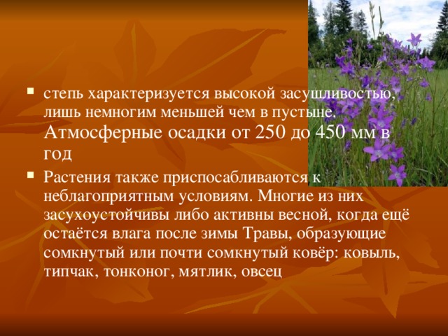 степь характеризуется высокой засушливостью, лишь немногим меньшей чем в пустыне. Атмосферные осадки от 250 до 450 мм в год Растения также приспосабливаются к неблагоприятным условиям. Многие из них засухоустойчивы либо активны весной, когда ещё остаётся влага после зимы Травы, образующие сомкнутый или почти сомкнутый ковёр: ковыль, типчак, тонконог, мятлик, овсец 
