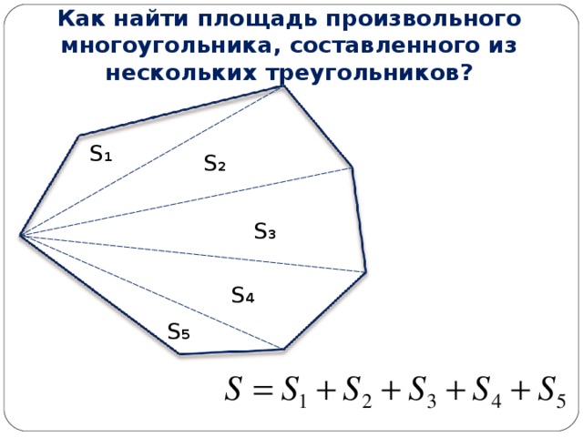 Как найти площадь произвольного многоугольника , составленного из нескольких треугольников? S ₁ S ₂ S ₃ S 4 S 5  