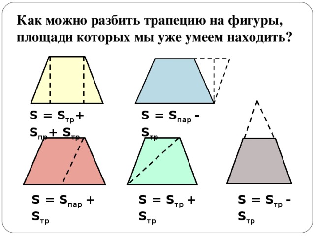Как можно разбить трапецию на фигуры, площади которых мы уже умеем находить? S  = S тр +  S пр +  S тр S  = S пар - S тр  S  = S пар + S тр  S  = S тр  + S тр  S  = S тр  - S тр  