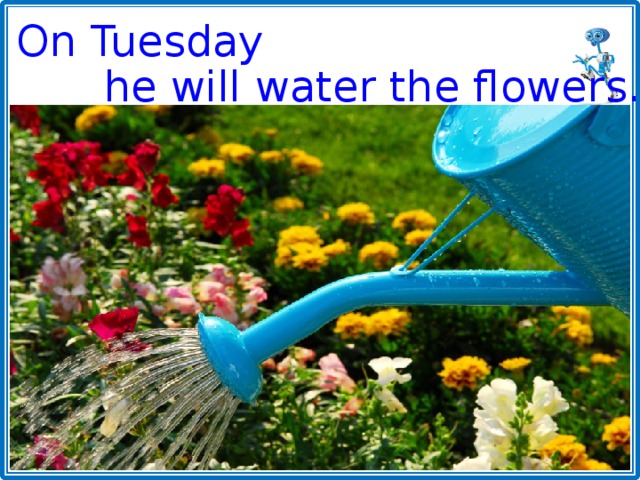 On Tuesday he will water the flowers. 