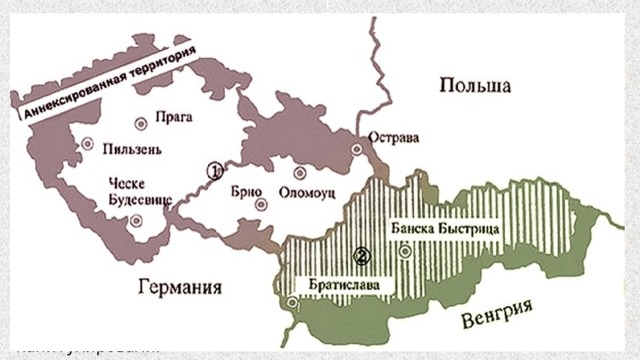 ПОЛИТИКА УМИРОТВОРЕНИЯ В условиях нарастания военной опасности, необходимо с самого начала предотвратить их и пытаться решать возникшие проблемы на основе взаимных уступок. В принципе это означало уступки на все территориальные притязания Гитлера, что и произошло с Австрией, а потом с Чехословакией. 29 сентября 1938 года Великобритания, Франция, Германия и Италия  подписали в Мюнхене соглашение о передаче чехословацкой Судетской области Германии . Аншлюс Австрии Германией начался 11 марта 1938 года с ввода на территорию страны немецкой армии, перед которой австрийские войска сразу же капитулировали. 