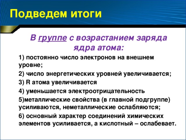 Подведем итоги В группе с возрастанием заряда ядра атома: 1) постоянно число электронов на внешнем уровне; 2) число энергетических уровней увеличивается; 3) R атома увеличивается 4) уменьшается электроотрицательность 5)металлические свойства (в главной подгруппе) усиливаются, неметаллические ослабляются; 6) основный характер соединений химических элементов усиливается, а кислотный – ослабевает.