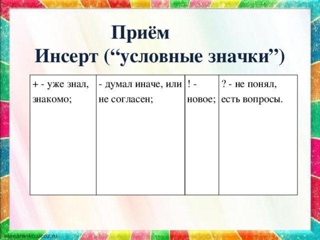 Приём Инсерт   (“условные значки”) + - уже знал, знакомо; - думал иначе, или не согласен; ! - новое; ? - не понял, есть вопросы. 