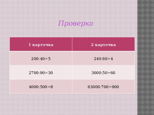 Проверка   1 карточка 2 карточка 200:40=5 240:60=4 2700:90=30 3000:50=60 4000:500=8 63000:700=900 