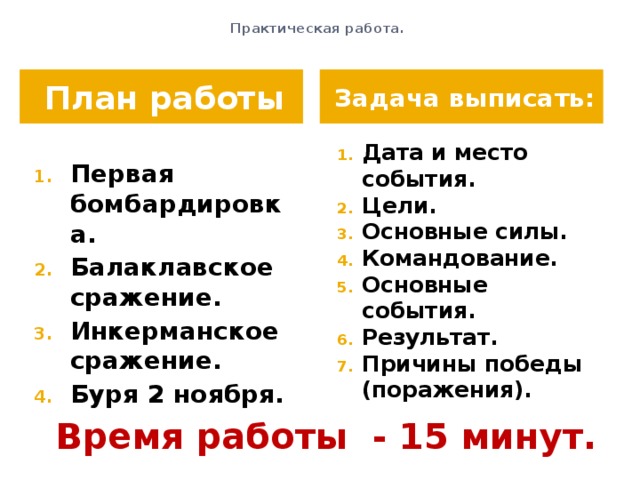  Практическая работа.   План работы Задача выписать: Первая бомбардировка. Балаклавское сражение. Инкерманское сражение. Буря 2 ноября. Дата и место события. Цели. Основные силы. Командование. Основные события. Результат. Причины победы (поражения).  Время работы - 15 минут. 