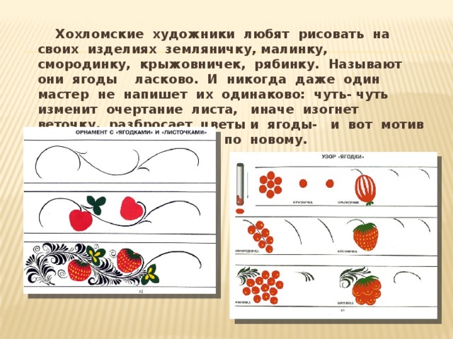  Хохломские художники любят рисовать на своих изделиях земляничку, малинку, смородинку, крыжовничек, рябинку. Называют они ягоды ласково. И никогда даже один мастер не напишет их одинаково: чуть- чуть изменит очертание листа, иначе изогнет веточку, разбросает цветы и ягоды- и вот мотив заговорит по другому по новому. 