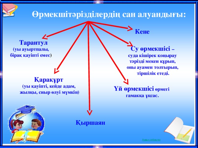Өрмекшітәрізділердің сан алуандығы: Кене  Тарантул  (уы ауыртпалы, бiрақ қауiптi емес )   Су өрмекшiсi – суда кiшiрек қоңырау тәрiздi мекен құрып, оны ауамен толтырып, тiршiлiк етедi.   Қарақұрт (уы қауiптi, кейде адам, жылқы, сиыр өлуi мүмкiн) Үй өрмекшiсi өрмегi гамакқа ұқсас.   Қыршаян 