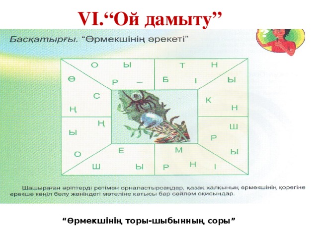 VІ.“Ой дамыту”   “ Өрмекшінің торы-шыбынның соры” 