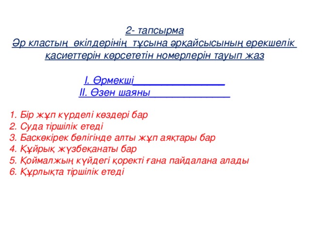 2- тапсырма Әр кластың өкілдерінің тұсына әрқайсысының ерекшелік қасиеттерін көрсететін номерлерін тауып жаз  І. Өрмекші________________ ІІ. Өзен шаяны______________  1. Бір жұп күрделі көздері бар 2. Суда тіршілік етеді 3. Баскөкірек бөлігінде алты жұп аяқтары бар 4. Құйрық жүзбеқанаты бар 5. Қоймалжың күйдегі қоректі ғана пайдалана алады 6. Құрлықта тіршілік етеді 