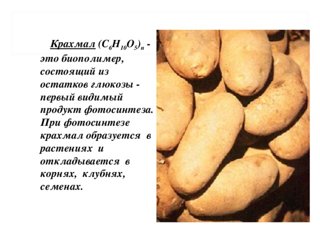 Крахмал (C 6 Н 10 О 5 ) n - это биополимер, состоящий из остатков глюкозы - первый видимый продукт фотосинтеза. При фотосинтезе крахмал образуется в растениях и откладывается в корнях, клубнях, семенах. 