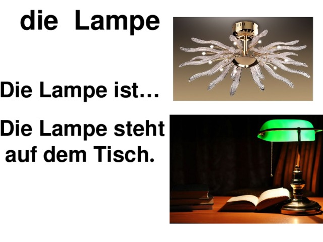 die Lampe Die Lampe ist…   Die Lampe steht   auf dem Tisch . 