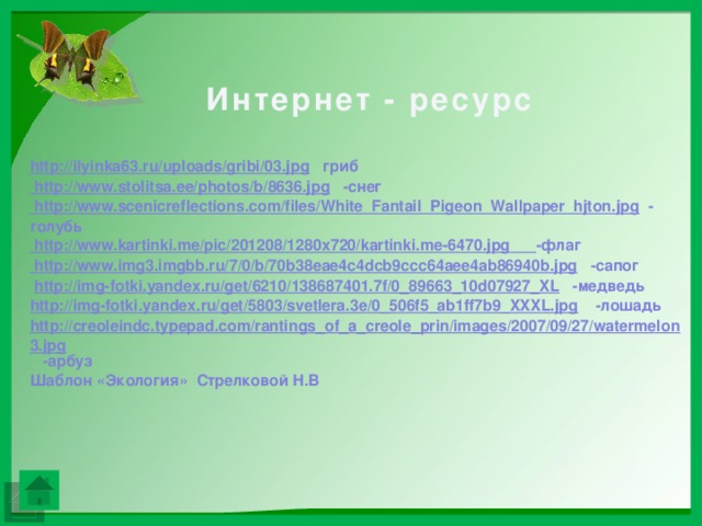Интернет - ресурс http://ilyinka63.ru/uploads/gribi/03.jpg  гриб  http ://www.stolitsa.ee/photos/b/8636.jpg  -снег  http ://www.scenicreflections.com/files/White_Fantail_Pigeon_Wallpaper_hjton.jpg  - голубь  http:// www.kartinki.me/pic/201208/1280x720/kartinki.me-6470.jpg  -флаг  http ://www.img3.imgbb.ru/7/0/b/70b38eae4c4dcb9ccc64aee4ab86940b.jpg  -сапог  http://img-fotki.yandex.ru/get/6210/138687401.7f/0_89663_10d07927_XL  -медведь http://img-fotki.yandex.ru/get/5803/svetlera.3e/0_506f5_ab1ff7b9_XXXL.jpg  -лошадь http://creoleindc.typepad.com/rantings_of_a_creole_prin/images/2007/09/27/watermelon3.jpg  -арбуз Шаблон «Экология» Стрелковой Н.В 