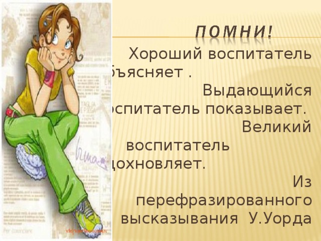Хороший воспитатель объясняет . Выдающийся воспитатель показывает. Великий воспитатель     вдохновляет.        Из перефразированного высказывания У.Уорда 
