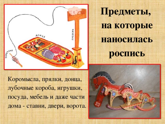 Предметы, на которые наносилась роспись Коромысла, прялки, донца, лубочные короба, игрушки, посуда, мебель и даже части дома - ставни, двери, ворота. 