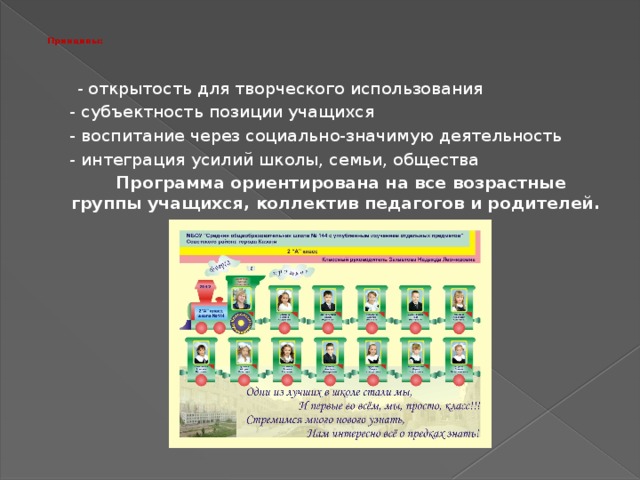  Принципы:    - открытость для творческого использования  - субъектность позиции учащихся  - воспитание через социально-значимую деятельность  - интеграция усилий школы, семьи, общества  Программа ориентирована на все возрастные группы учащихся, коллектив педагогов и родителей. 