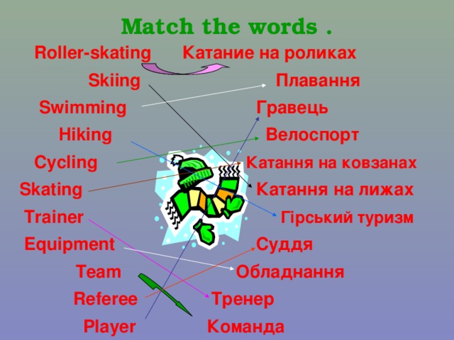 Match the words .  Roller-skating Катание на роликах  Skiing  Плавання  Swimming  Г равець  Hiking  Велоспорт  Cycling  Skating  Катання на ковзанах  Trainer  Катання на лижах  Гірський туризм  Equipment  Суддя  Team  Referee  Обладнання  Player  Тренер  Команда 